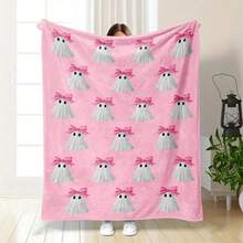 Cozy Pink Flannel Blanket With Cute Print  Soft, Warm, Cozy For Sofa, Bed, Car, Office, Camping, Travel  Ideal AllSeason Gift, AllSeason Blanket|Holiday Halloween Decoration|Soft Flannel Blanket - 彩色 - 查看 7