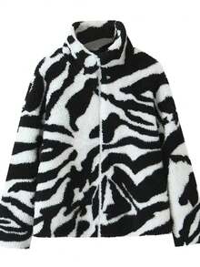 Damen lässige, modische Zebra-Muster Fleecejacke, ganzflächiger Muster, Reißverschluss, locker geschnitten, Langarm Wintermantel mit Futter, Stehkragen, warme Oberbekleidung