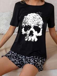 Womens 2 Piece Halloween Pajamas Set Cute Short Sleeve Graphic Print Tops + Shorts Set Lounge Clothes - Mixed Colors - View 3