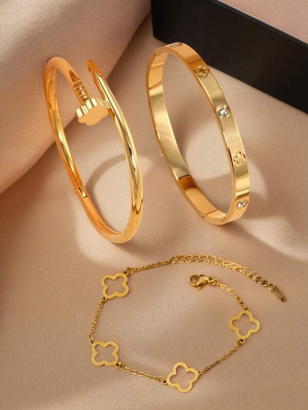 1 pieza/3 piezas Brazalete de acero inoxidable, pulido espejo, recubierto al vacío, no se desvanece, estilo clásico de moda, adecuado para uso diario, accesorio de joyería dorada, brazalete de mujer, joyería de acero inoxidable para mujer