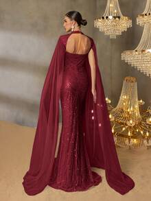 Faeriesty Đầm dạ hội đuôi cá cổ cao với tay áo voan, dáng đuôi cá, thích hợp cho thảm đỏ, dạ tiệc trang trọng, tiệc cưới. - Màu Đỏ Sâu - Xem 6