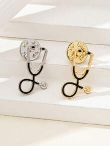 2pcs Silver Needle Brooch Set + Delicate Stethoscope & Syringe Metal Brooch, Fashionable Medical Element Multi-Functional Accessory Gift - Silver - View 9