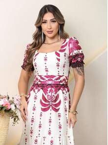 Elegant Long Women's Dress With Print And Short Sleeves - 粉色 - 查看 3