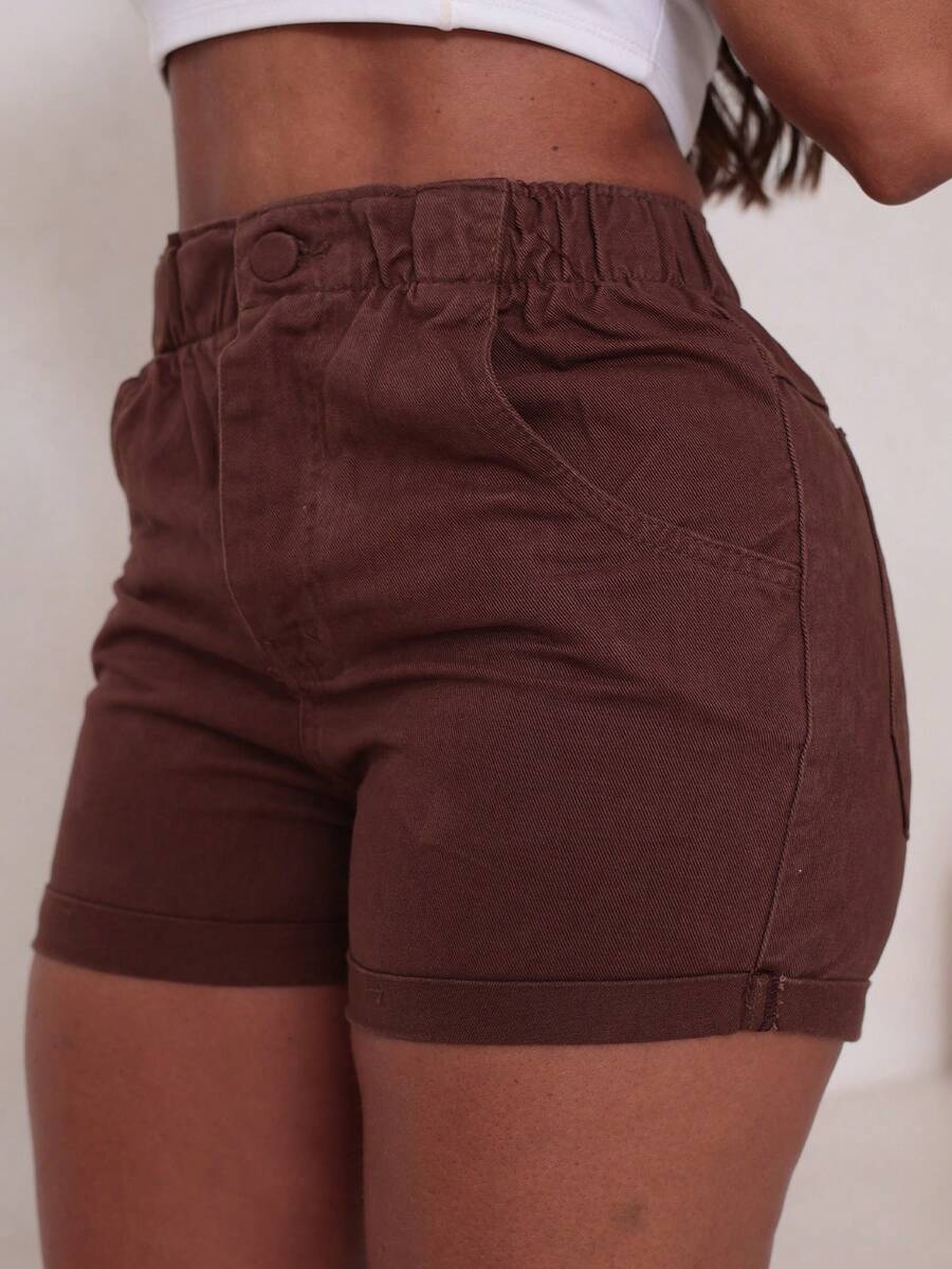 Traditional Denim Shorts With Elastic Waistband - 鏽棕色 - 查看 1