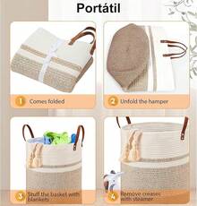 2PCS Cestos para Ropa Sucia XL - 58L Lavandería Plegable, Organización Hogar, Cestos para la Colada con de Cuerda, Cestos para Dormitorio, Baños, Sala para Organizar Ropa o Juguetes - 2Pcs Blanco - Ver 10