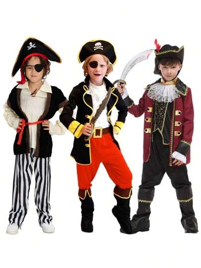 Children's Pirate Captain Costume Halloween Cosplay Set Boys' Caribbean Pirate Performance Costume No Props Birthday Party Theme Dress Up Party Photography Essential (Available In Multiple Sizes)