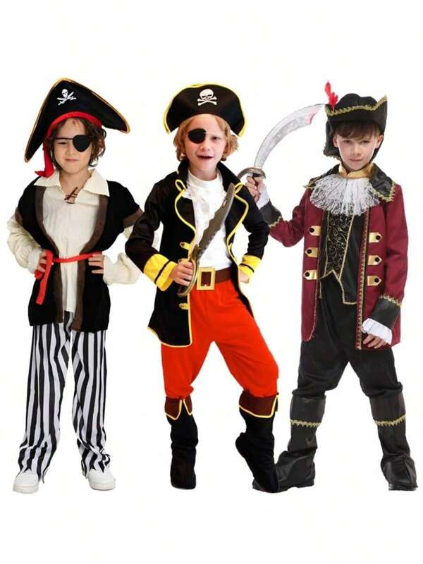 Children's Pirate Captain Costume Halloween Cosplay Set Boys' Caribbean Pirate Performance Costume No Props Birthday Party Theme Dress Up Party Photography Essential (Available In Multiple Sizes)