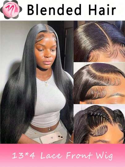 Pelucas mezcladas: una mezcla de cabello humano mezclado y peluca de cabello humano sintético recto mezclado de 13x4 con encaje frontal, pre-arrancado, sin pegamento con frontal transparente con nudos blanqueados, densidad del 180% para mujeres, color negro natural, cobertura total de la cabeza, pieza de cabello realista para uso diario con línea del cabello pre-arrancada (Bob 8-16 pulgadas)
