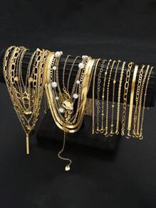 25pcs/14pcs/11pcs Simple Faux Pearl Twist Chain Heart Butterfly Moon Star Necklace Bracelet Set For Women, Suitable For Dates, Vacation, And Daily Matching, Gift - Silver - View 14