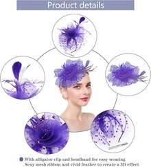 Ibeauti Fascinator Hats With Screentouch Lace Gloves Set Women Tea Party Cocktail Wedding Derby Headwear Short Gloves - 02 紫色 - 查看 7