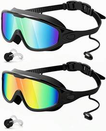 2-Piece Swimming Goggles For Adults And Children - Anti-Fog Full Coverage Design, 3-Color UV Protection Lenses, With Waterproof Earplugs And Nose Clips, Suitable For Outdoor Activities, Outdoor Fun - 水綠色和亮橙色 - 查看 1