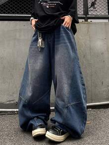 1 pieza Jeans rectos con diseño de parches y lavado vintage desgastado de ajuste holgado para hombre (Cinturón y accesorios no incluidos) - Neblina azul - Ver 3