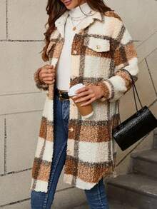 Karierter Fleece-Knopfverschluss Lässig Langarm-Jacke mit falschen Taschen