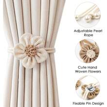 1pc/2pcs Flower Curtain Tiebacks With Linen Straps, Purely Handcrafted In A Light Luxury And High-End Style. These Are Decorative Fasteners, Buckles, And Gathering Clips, Suitable For Living Rooms, Bedrooms, And Home Decoration,Room Decor
