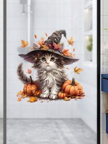 1 Piece Halloween Themed Pumpkin, Cat, Maple Leaf, Bat, Wizard Hat Glass Stickers Wall Stickers Bedroom Living Room Window Decoration