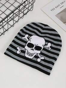 1pc Women's Jacquard Striped Skull Pattern Knit Beanie Hat, Warm & Casual For Halloween Party
