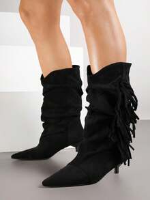 Duck Heel Ankle Boots With Ruching And Fringe - Black - View 2