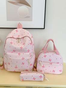 3 Pcs Fashionable Preppy Bow Print Backpack Set,Backpack&Lunch Bag&Pencil Case,With Laptop Compartment Bookbag,Adjustable Strap Bookbag Set,Multi Pockets High-Capacity School Bag Set Multifunctional Daypack Set Idea For Boys/Girls/Teens/College Students/Graduate/Graduate For Daily Use/Vacation/Travel/Back To School - Multicolor - View 19