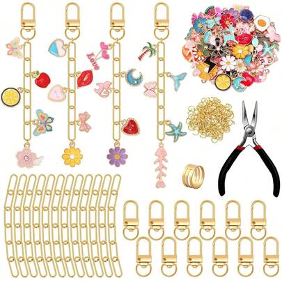 130/65 قطعة مجموعة صنع سلاسل المفاتيح DIY، تشمل قلادة سبيكة الزنك عشوائية، مشبك سلسلة المفاتيح، سلسلة إضافية، حلقات وملقط مجوهرات، اكسسوارات مجوهرات DIY إبداعية