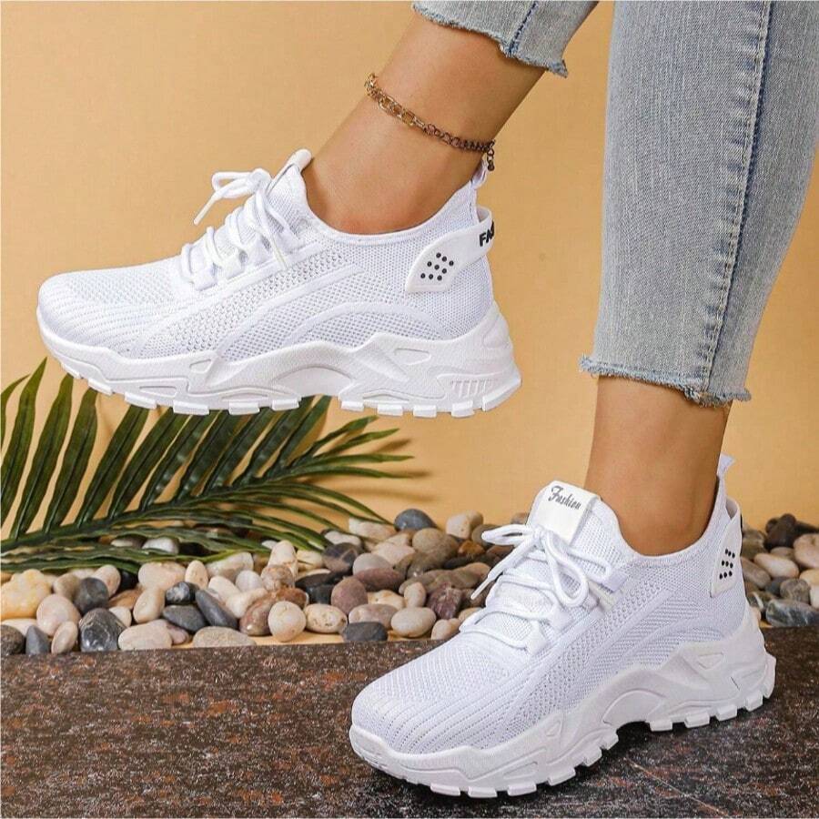 Breathable Mesh Sneakers] Lightweight Breathable Mesh Sneakers - Non-Slip EVA Sole, Comfortable Ankle Support, Lace-Up Low-Top Running & Tennis Shoes For Men And Women, Retro Style, All-Season Wear, Fitness Wear - 白色 - 查看 1