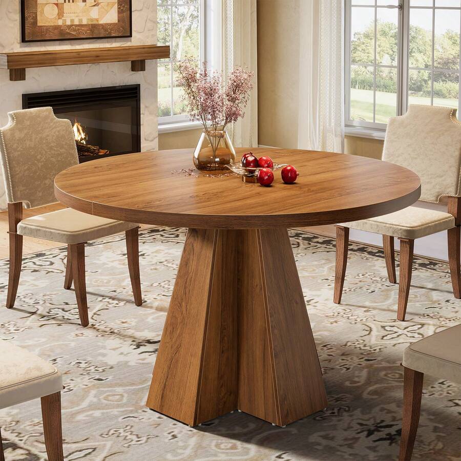 LITTLE TREE Circle Kitchen Table With Pedestal Base, Round Dining Table For 4, Farmhouse, Space Saving, Dining Room, Kitchen, Living Room, Walnut Brown - 棕色 - 查看 1
