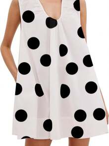 Women's Cute Polka Dot Babydoll Mini Dress Scoop Neck Flowy Sleeveless Short Dress Ruched Loose Fit Dress - trắng - Xem 4