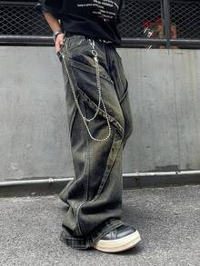 1pc Men's Distressed Vintage Wash Deconstructed Patchwork Wide Leg Jeans (Product Does Not Include Belt And Accessories) - Blue - View 5