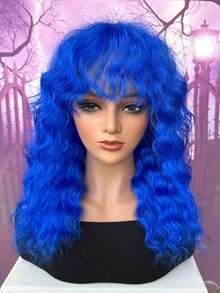 [Women's Curly Wig] Heat-Resistant 18 Inch Blue Water Ripple Curly Wig With Bangs 150% Density Water Wave Curls, Breathable Rose Net Cap Versatile For Halloween&Role Play Use
