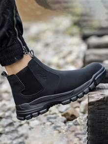 Men's Steel-Toe Work Boots, Anti-Smash Anti-Puncture, Slip-On Design For Easy On & Off, Light Footwear For Workshop, Warehouse, Construction - Black - View 4