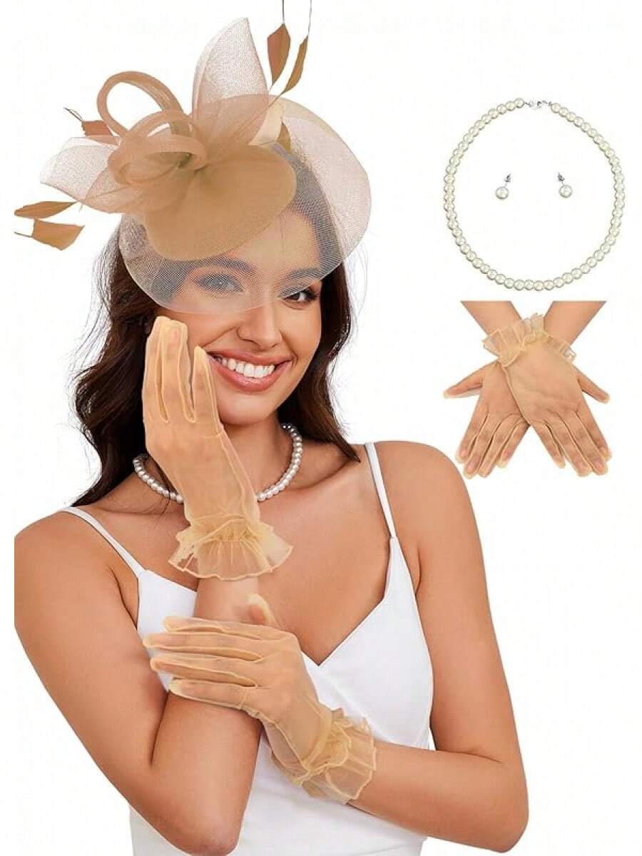 Ibeauti Fascinator Hats With Screentouch Lace Gloves Set Women Tea Party Cocktail Wedding Derby Headwear Short Gloves - 07 Champagne - 查看 1