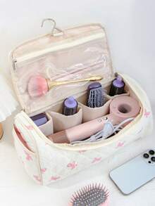 1 件大容量绗缝化妆品和吹风机收纳袋便携式旅行洗漱用品收纳旅行收纳盒旅行洗漱用品包带多个口袋适合风干机、4 个卷发筒、2 个平滑刷、丰盈刷、轻便旅行手提箱用于头发时尚简约旅行化妆收纳袋 - 彩色 - 查看 10
