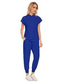Wholesale Fashion Dental Clinic Uniform Set, Solid Color Surgical Gown V-Neck Pocket Women's Surgical Gown Set With Sweatpants - Royal Blue - View 3