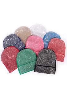1pc Fully Rhinestone Embellished Versatile Ins Style Autumn/Winter Korean Fashion Bling Bling Beanie Hat, Warm Ear Protection, Suitable For Daily Wear And Parties, Unisex