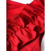 2024 Autumn & Winter Women's Solid Color Asymmetrical Shoulder Ruffle Trim Ruched Design Sleeveless Elegant Charm Slit Dress For Party ,Dating, Single Party, Formal Dinner Or Gala Event,Valentines Day