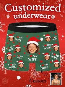 1pc Customized Men's Boxer Briefs With Personalized Photo "I Love My Wife" Christmas Print, Humorous Holiday Creative Gift - Multicolor - View 2