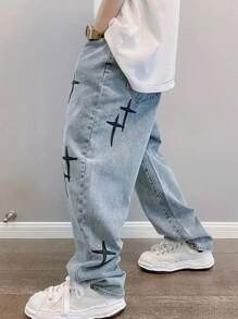 青少年男孩十字印花口袋设计宽松阔腿休闲牛仔裤 - 淺藍色 - 查看 5