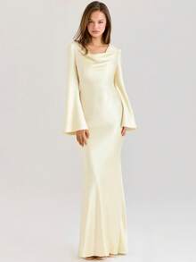 优雅垂坠领长袖露背美人鱼裙、鸡尾酒会礼服、婚礼宾客礼服、圣诞礼服 - 奶油黃 - 查看 5