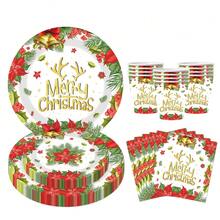 10 Stücke Weihnachts-Teller mit Weihnachts-Elch-Glocken-Kranz Einwegteller Party Zubehör, Weihnachtliche Geschirr-Serie mit Stechpalme beinhaltet: Pappteller, Dessert-Teller, Pappbecher und Servietten, perfekt für fröhliche Weihnachtsfeier Dekoration Neujahr