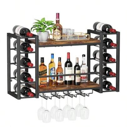 Wall Mounted Wine Rack Bottles Bottle Glass Holder Wood Metal Wine Shelf Storage With Top Enclosure Heavy Duty Bar Decor For Home Kitchen Bar 31.9 X 9.8 X 19.7