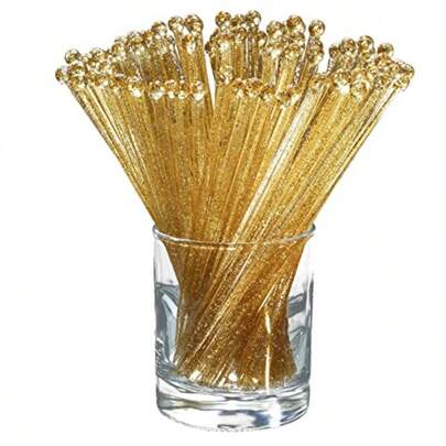 100 piezas de palitos agitadores desechables de plástico con cabeza redonda, cristal y brillo dorado para pasteles, cócteles, café y bebidas