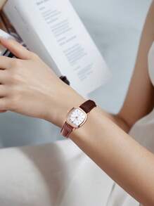 1 件女士棕色 PU 皮革表带时尚条形刻度表盘休闲简约风格石英手表，适合日常佩戴 - 棕色 - 查看 4