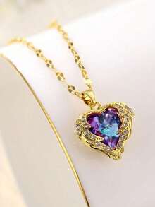 Luxury Elegant Heart Pendant Necklace With Colorful Crystals Stainless Steel Chain For Women Ideal - 金色 - 查看 3