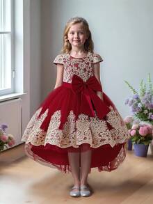 Vestido formal elegante con mangas abullonadas de malla bordada y cola para niñas jóvenes, adecuado para fiestas, cumpleaños, bailes escolares, sin diadema