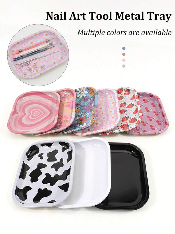 Bandeja quadrada de metal com padrão multicolorido, material metálico, adequada para cigarros, utensílios de manicure, joias, pincel de esmalte, strass, acessório prático e decorativo