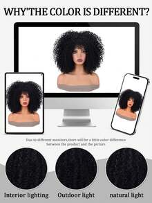 16 Inch Curly Wig Afro Curly Wigs For Women Afro Kinky Curly Wig With Bangs Full And Fluffy Glueless Wigs Synthetic Hair Replacement Wigs For Cosplay And Daily - 黑色 - 查看 9