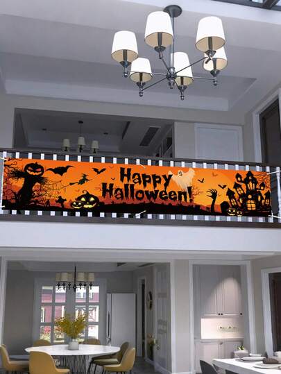 1pc Large Happy Halloween Banner - Long Halloween Outdoor Decoration Banner, Graveyard Background, Party Supplies, For Wall, Office Fence, Yard, Garage Background