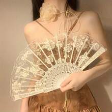 Elegant Lace Rose Folding Fan - Classic Chinese Style Handheld Fan With Floral Patterns, Black And White Rose Options, Compact 9.5-Inch Design Suitable For Dance, Performance Or Decoration - 白色 - 查看 2