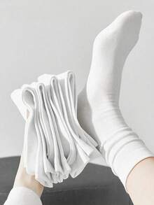 5/10 Pairs Women's Solid Color Wide Mouth Comfortable Simple Maternity Socks, Moisture-Wicking, Quick-Drying, Breathable Mid-Calf Socks Christmas Gift - White - View 4