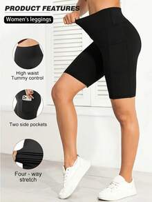 5 Pack Women's Biker Shorts With Pockets,High Waisted Tummy Control,Super Soft,Workout Running Yoga Athletic Shorts,For Gym Yoga Running Summer Clothes,Medium Stretch, Solid Color, All-Season - 5PCS - 查看 2