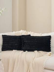 Funda decorativa de almohada de piel de conejo a rayas de unicolor, tela de lino holandesa reversible, funda de cojín cuadrada, decoración del hogar para días festivos, tela de terciopelo suave, decoración moderna para sofá, hogar, dormitorio, decoración de otoño, decoración de sala - Negro - Ver 5